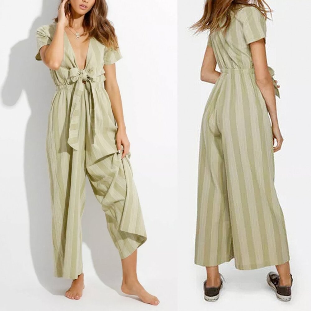 billabong | green stripe ivy linen wide leg short sleeve keyhole romper jumpsuit